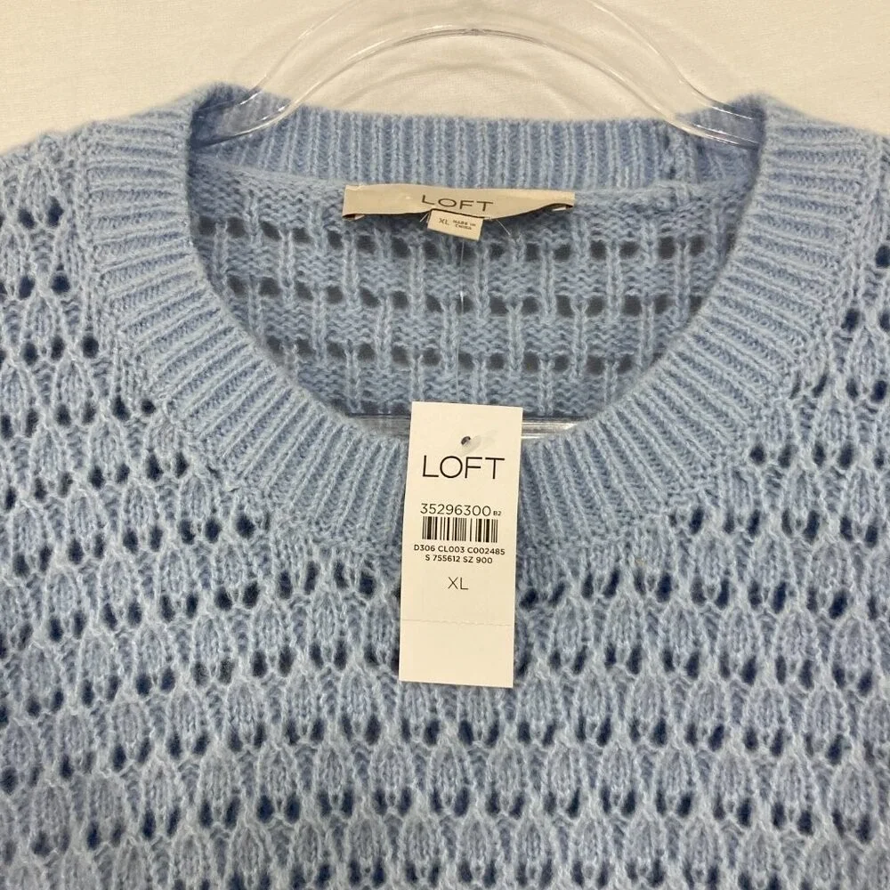 New LOFT size XL Light Blue Open Knit Ruffle Detail Elegant‎ Preppy Sweater